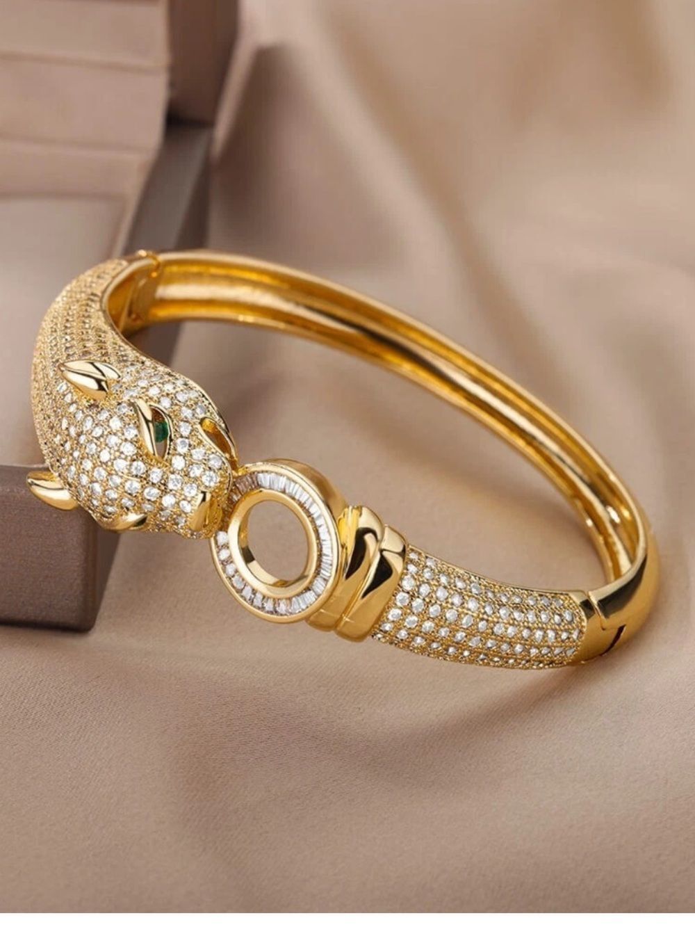 Gold Panthere Pave Crystal Bangle Bracelet